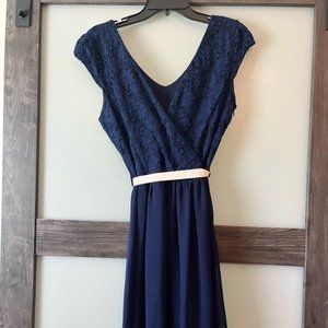 Mystic - Navy Blue Dress with Eyelet & Chiffon detail and  Ivory Ribbon